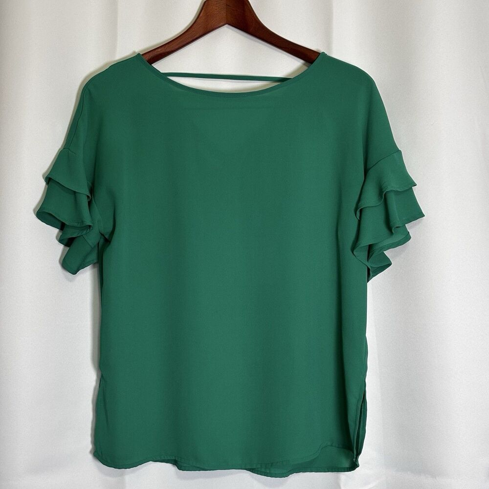 Maurices Green Womens Size Medium Ruffle Sleeve Blouse Top Career Basic
